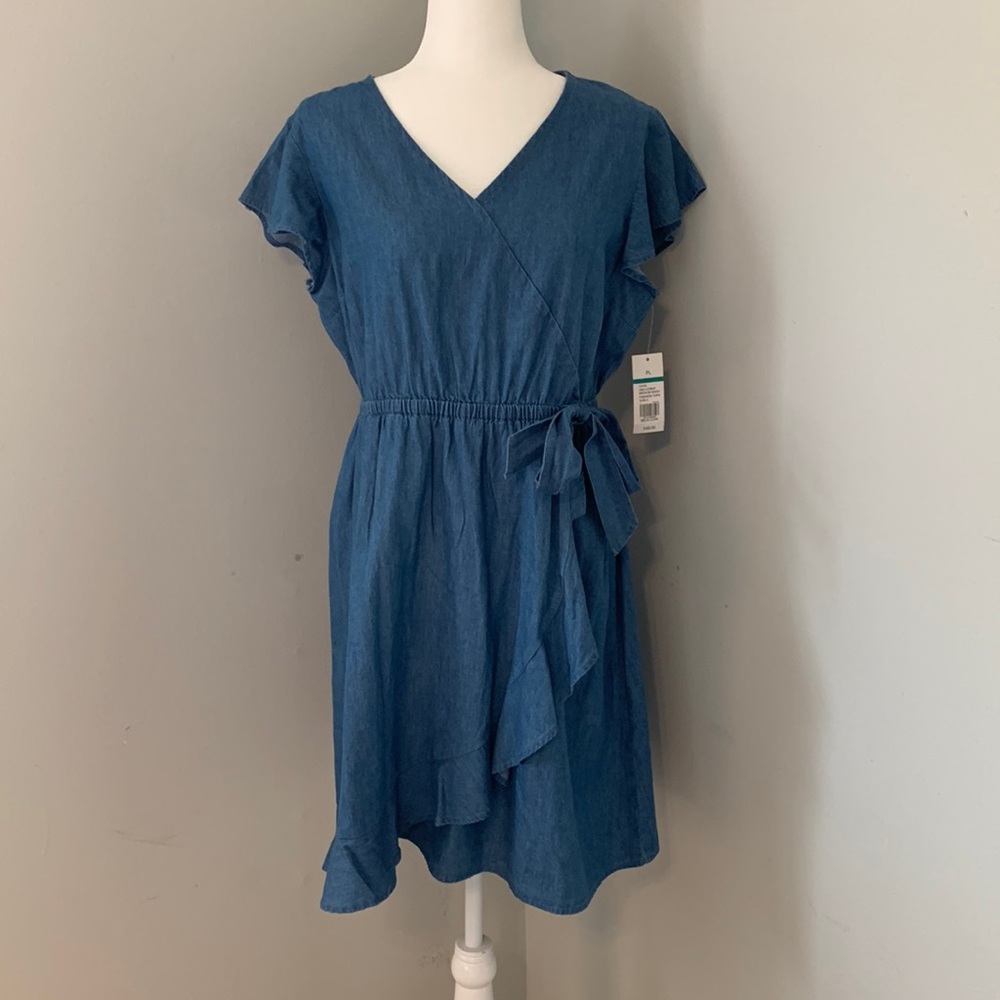 Blue Chambray Faux Wrap Dress Kim Rogers